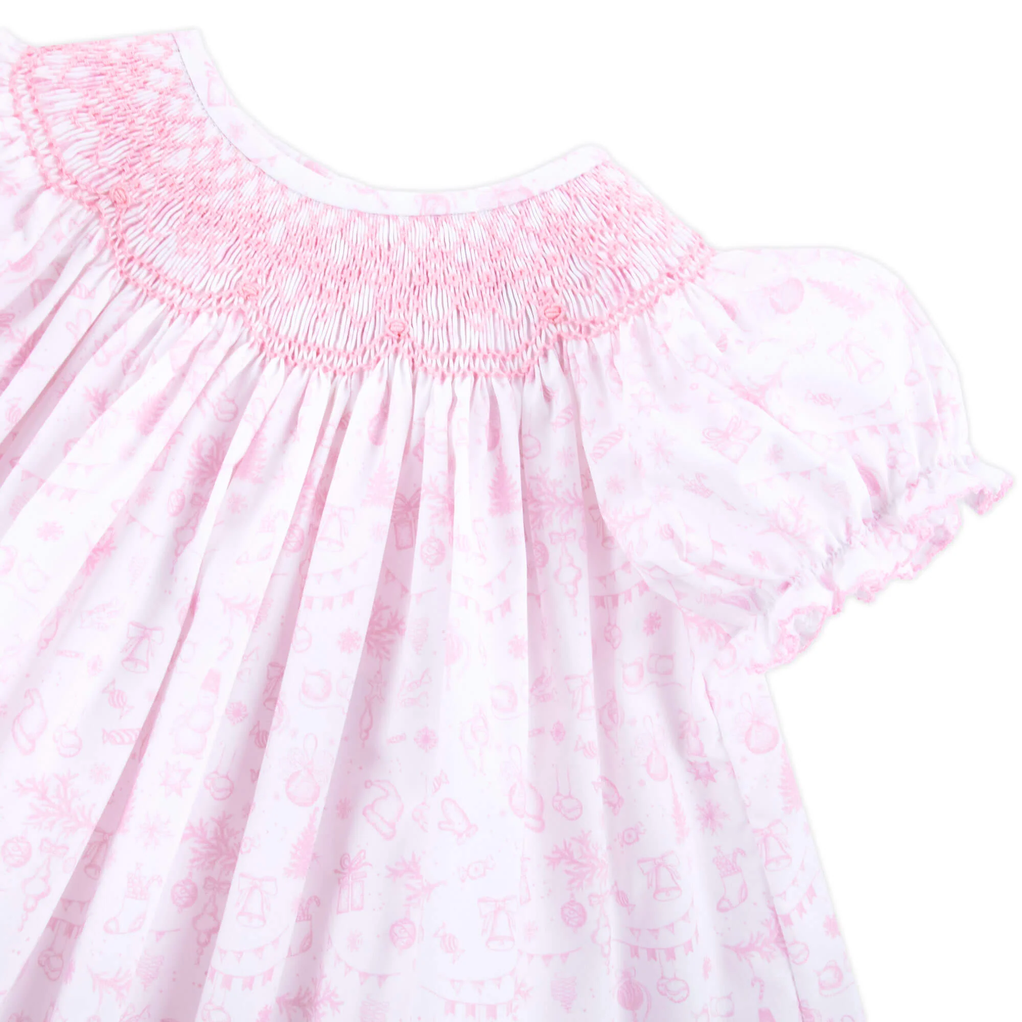 Pink Christmas Print Smocked Bishop Dress - Image 2