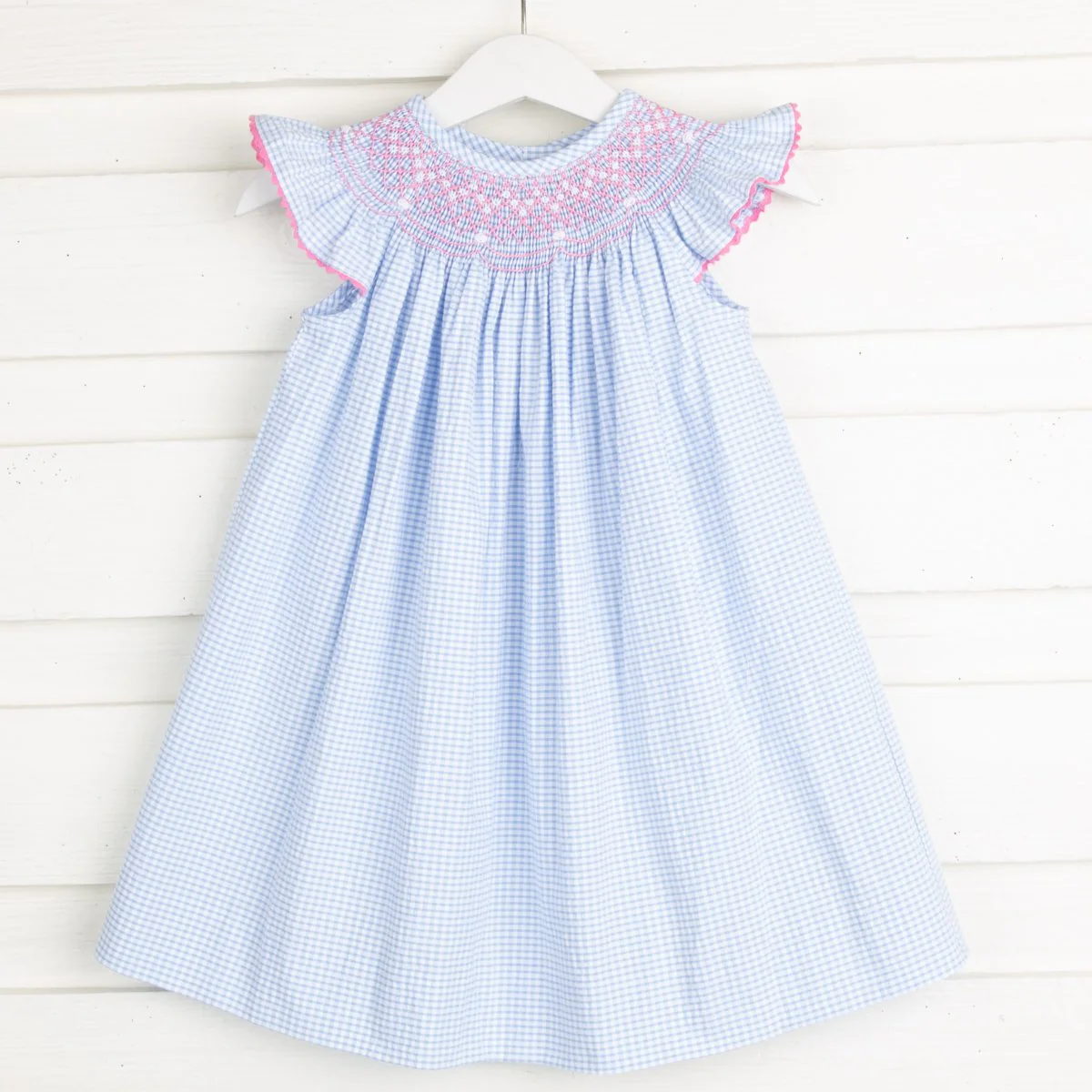 Pink Geometric Smocked Dress Light Blue Gingham Seersucker