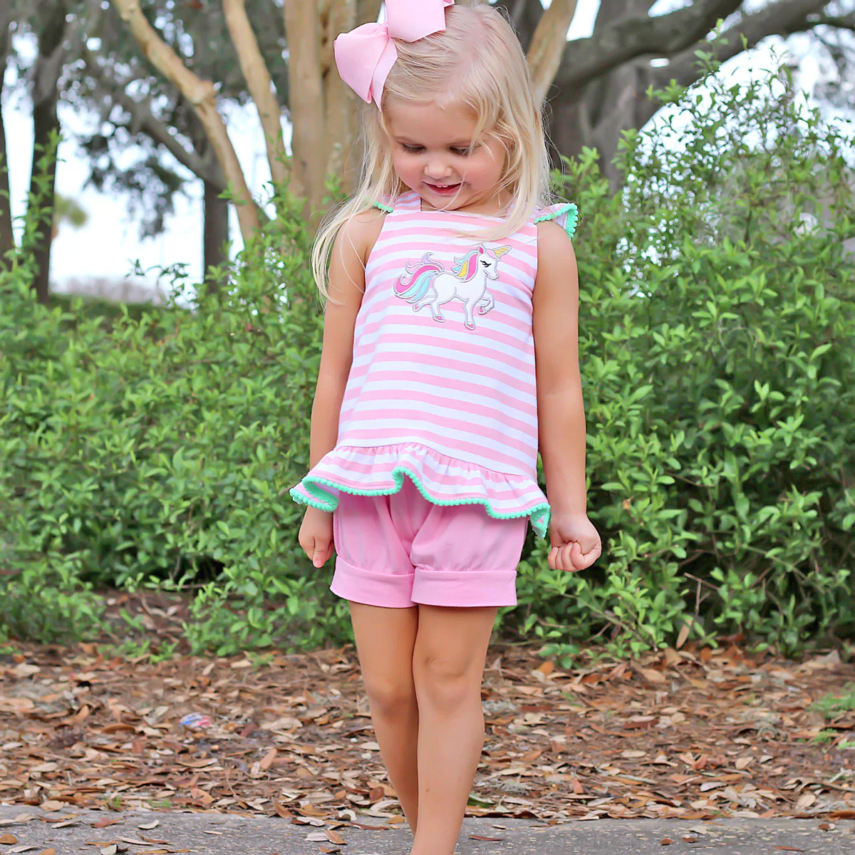 Pink Stripe Cross Back Unicorn Short Set