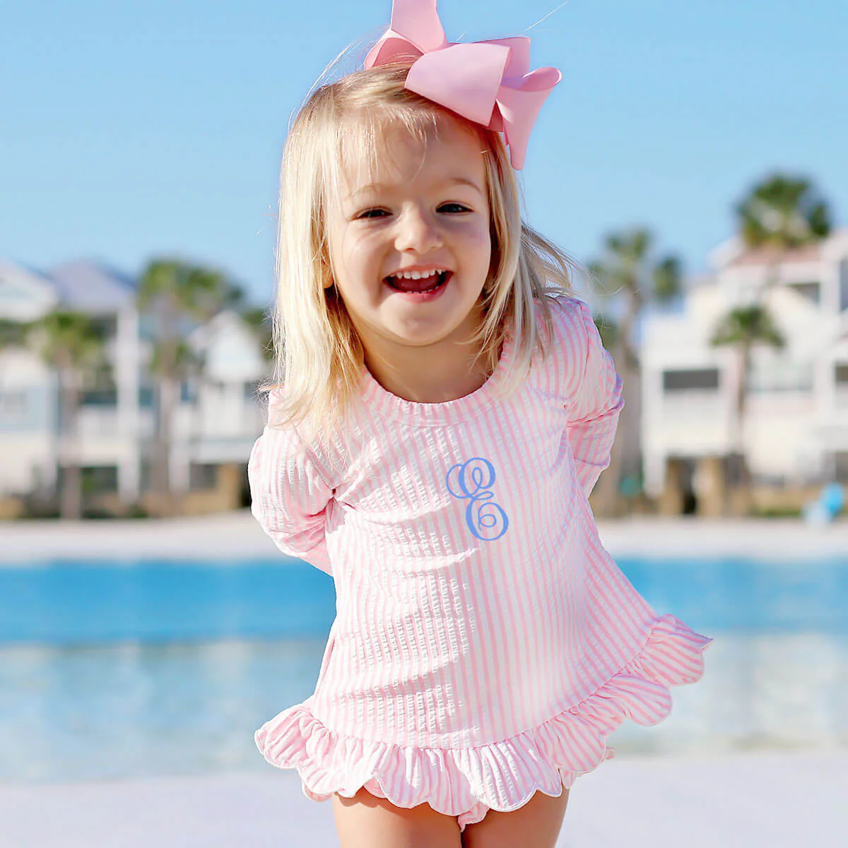 Pink Stripe Seersucker Rash Guard Set
