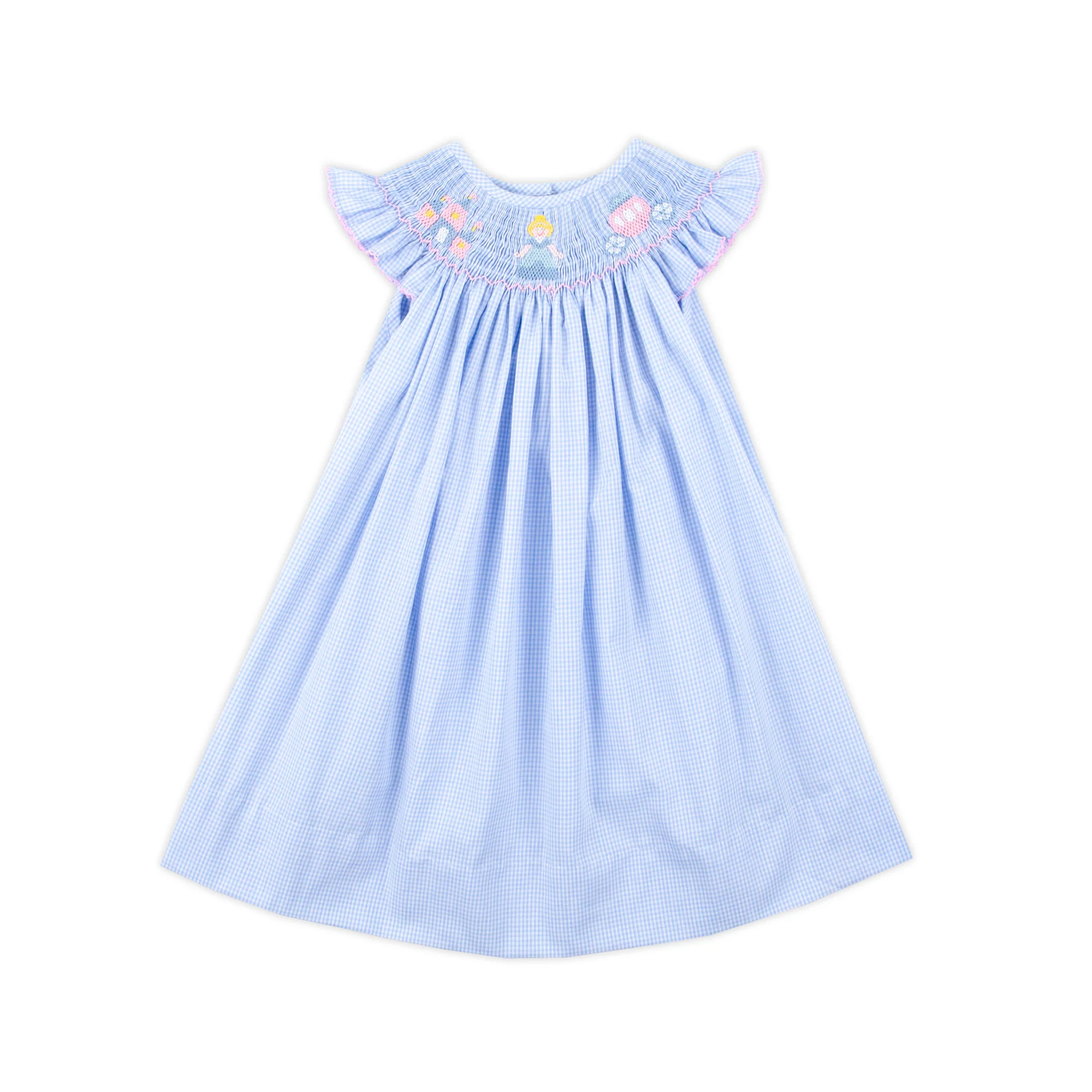 Princess Light Blue Gingham Smocked Angel Sleeve Dress