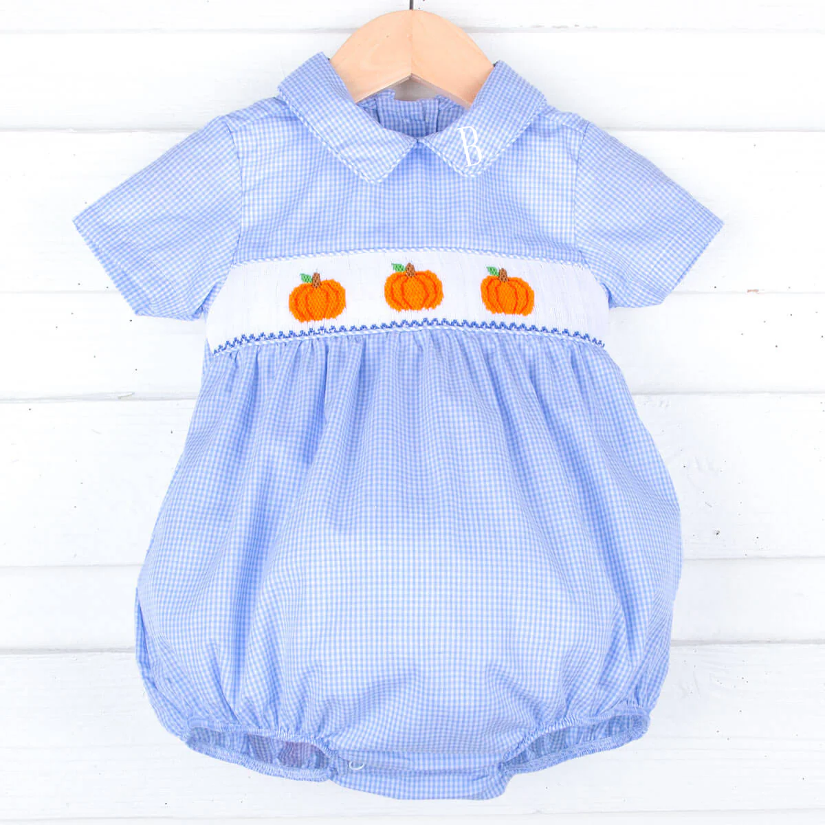 Pumpkin Patch Blue Gingham Smocked Collared Bubble - Image 3