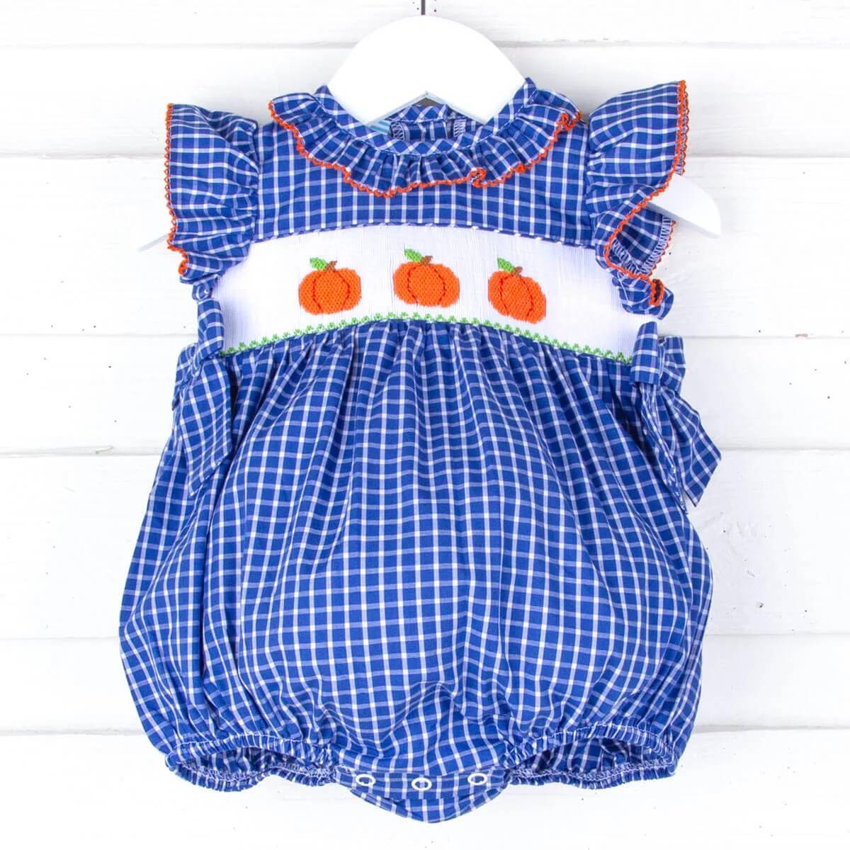 Pumpkin Smocked Navy Blue Windowpane Beverly Bubble