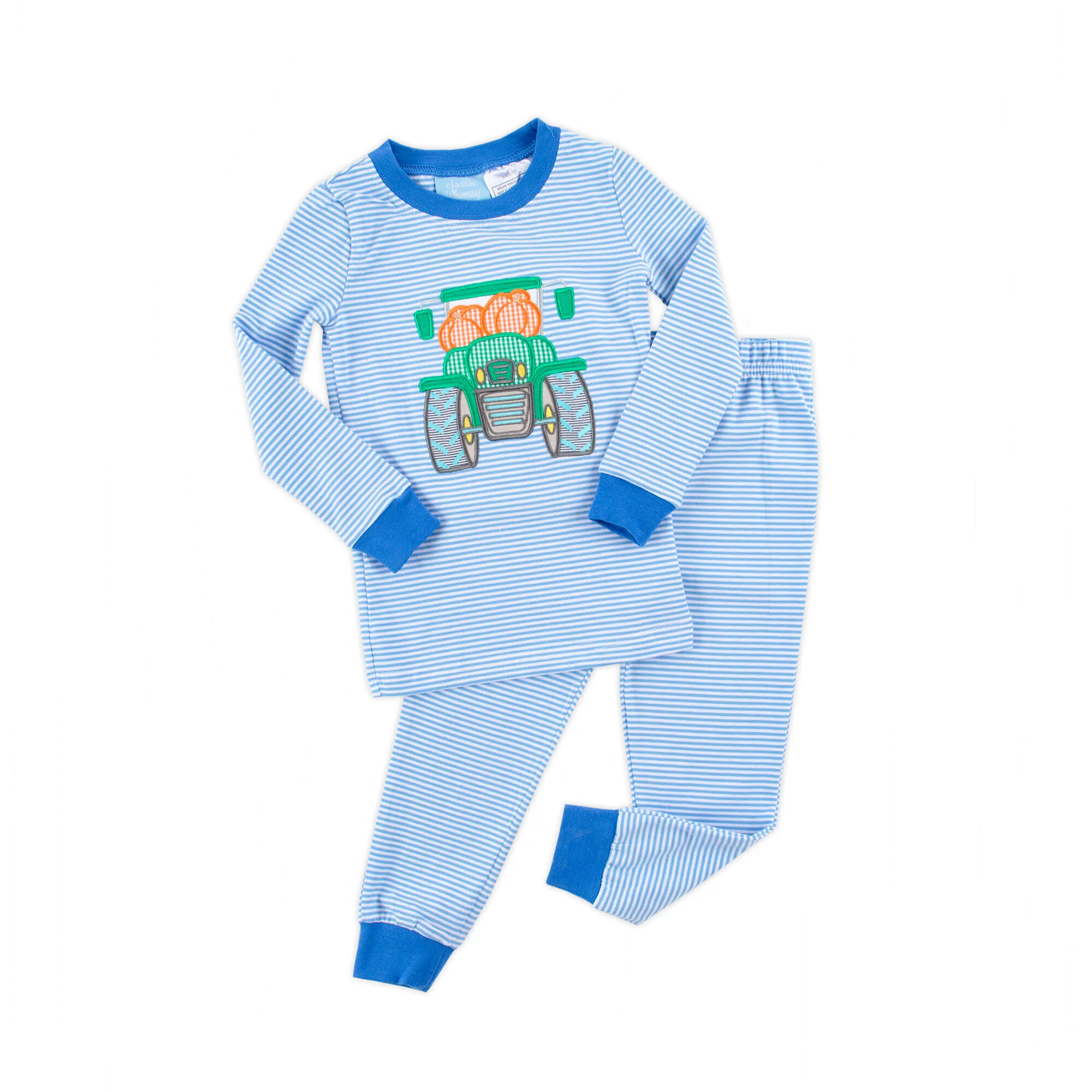 Pumpkin Tractor Blue Stripe Pajamas - Image 3