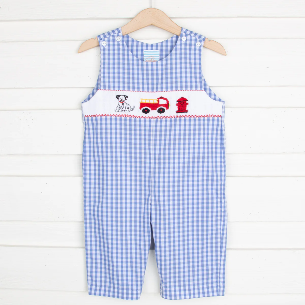 Puppy & Firetruck Smocked Longall Light Blue Check
