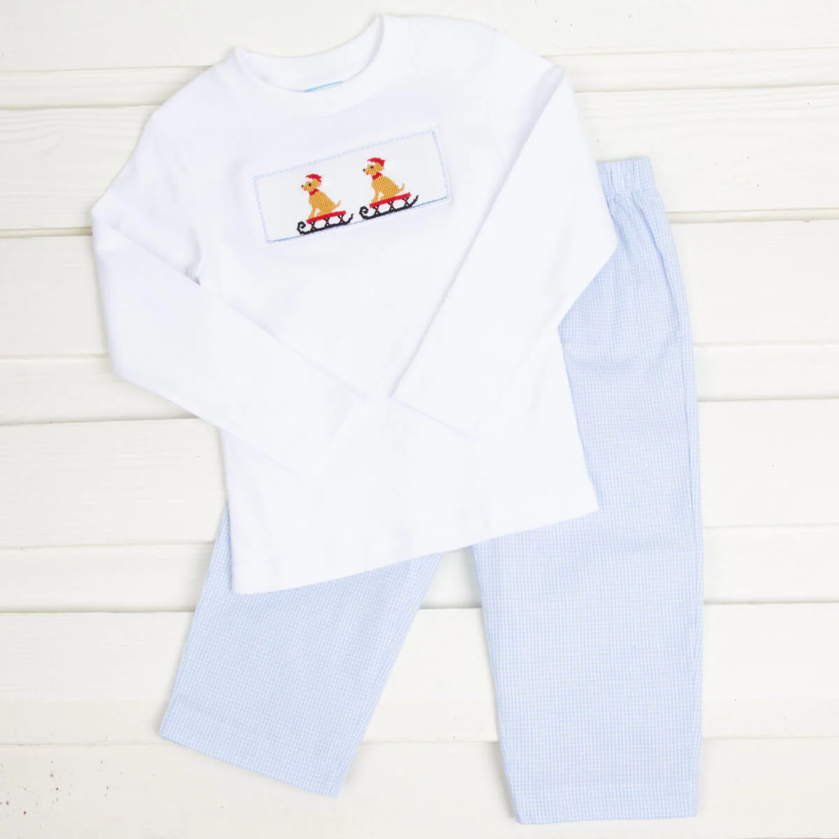 Puppy Sleigh Smocked Pant Set Blue Check