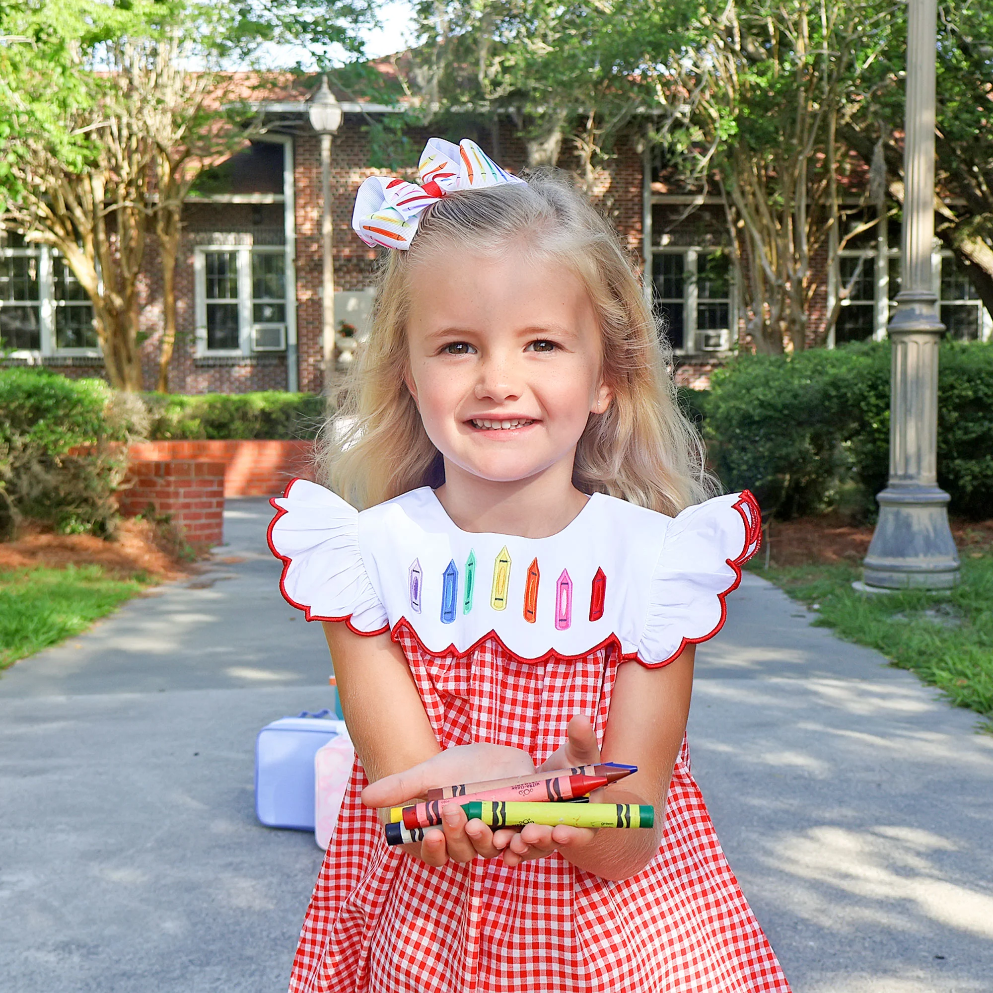Rainbow Crayon Red Gingham Amelia Dress - Image 3