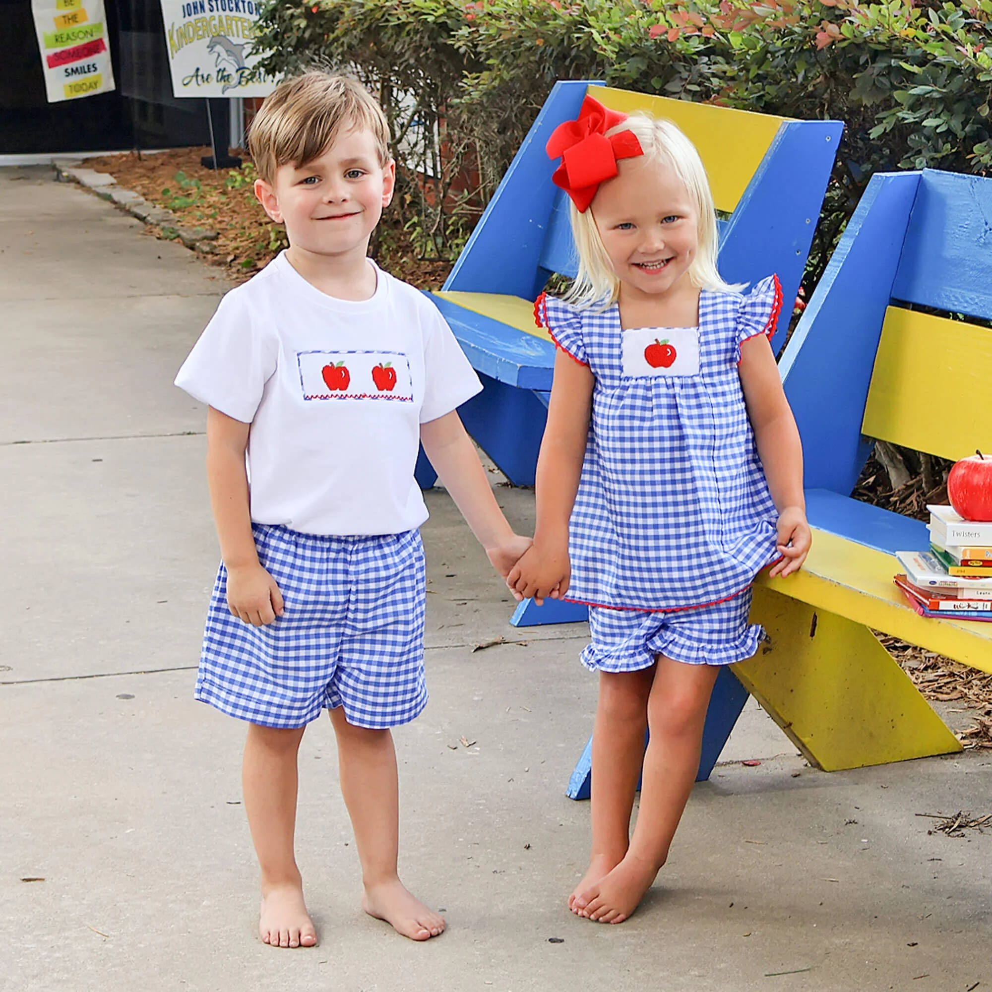 Red Apple Smocked Blue Gingham Short Set - Image 3
