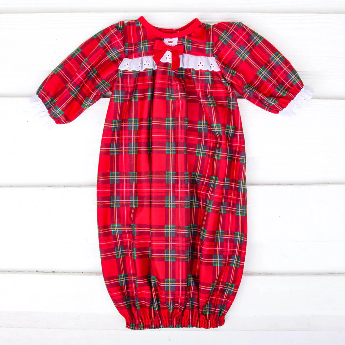 Red Plaid Eyelet Lace Baby Gown