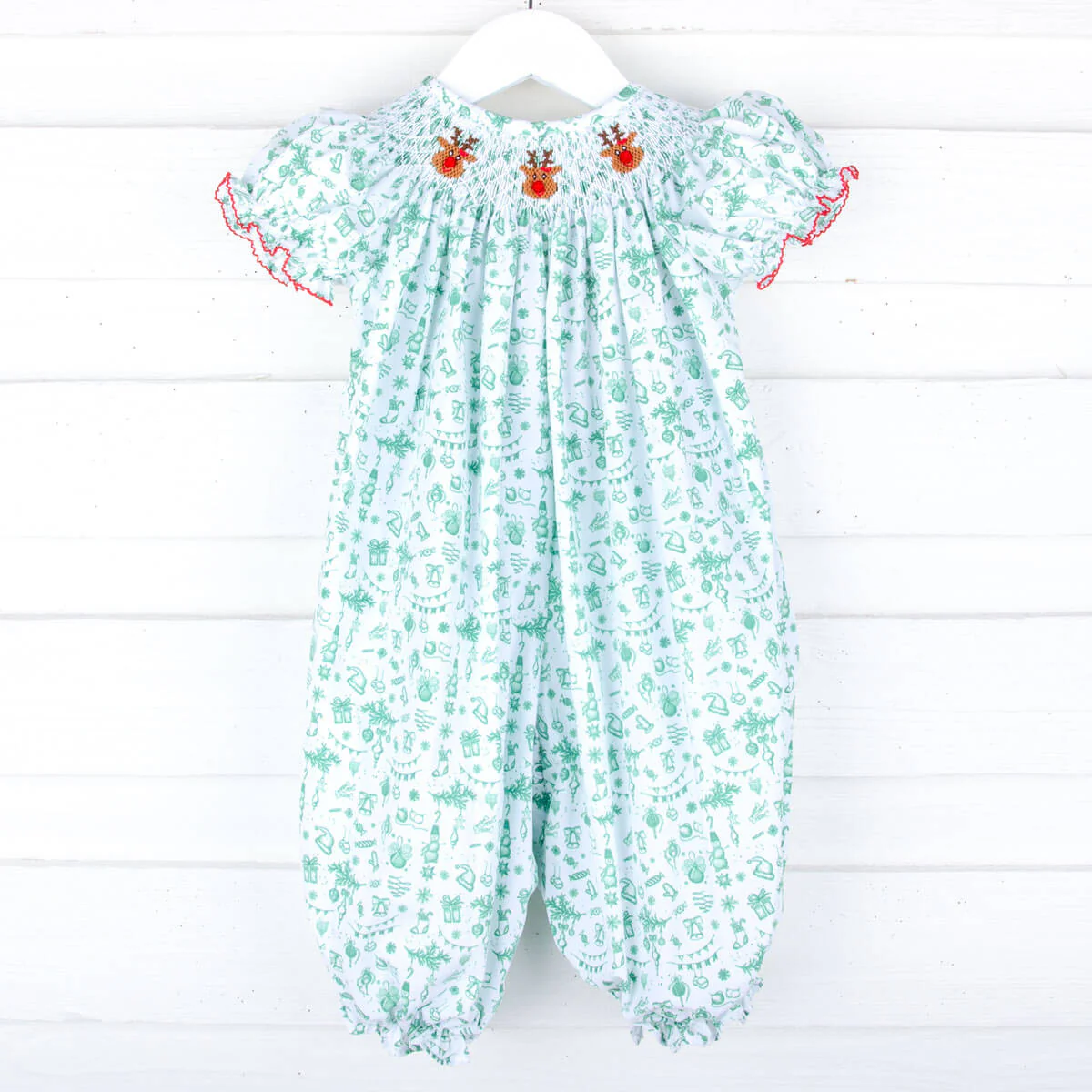 Reindeer Cheer Smocked Green Toile Long Bubble