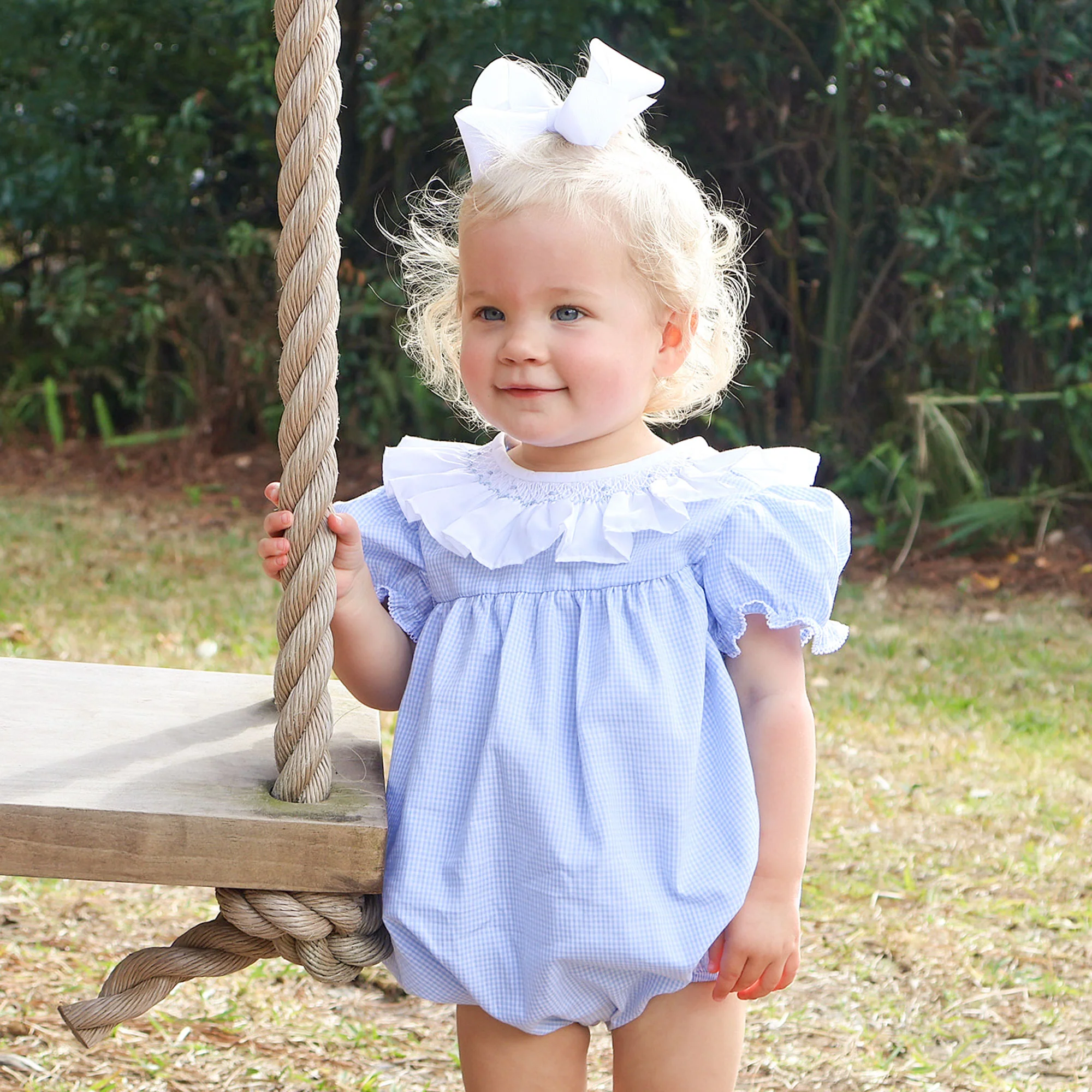 Blue Gingham Smocked Ruffle Collared Bubble