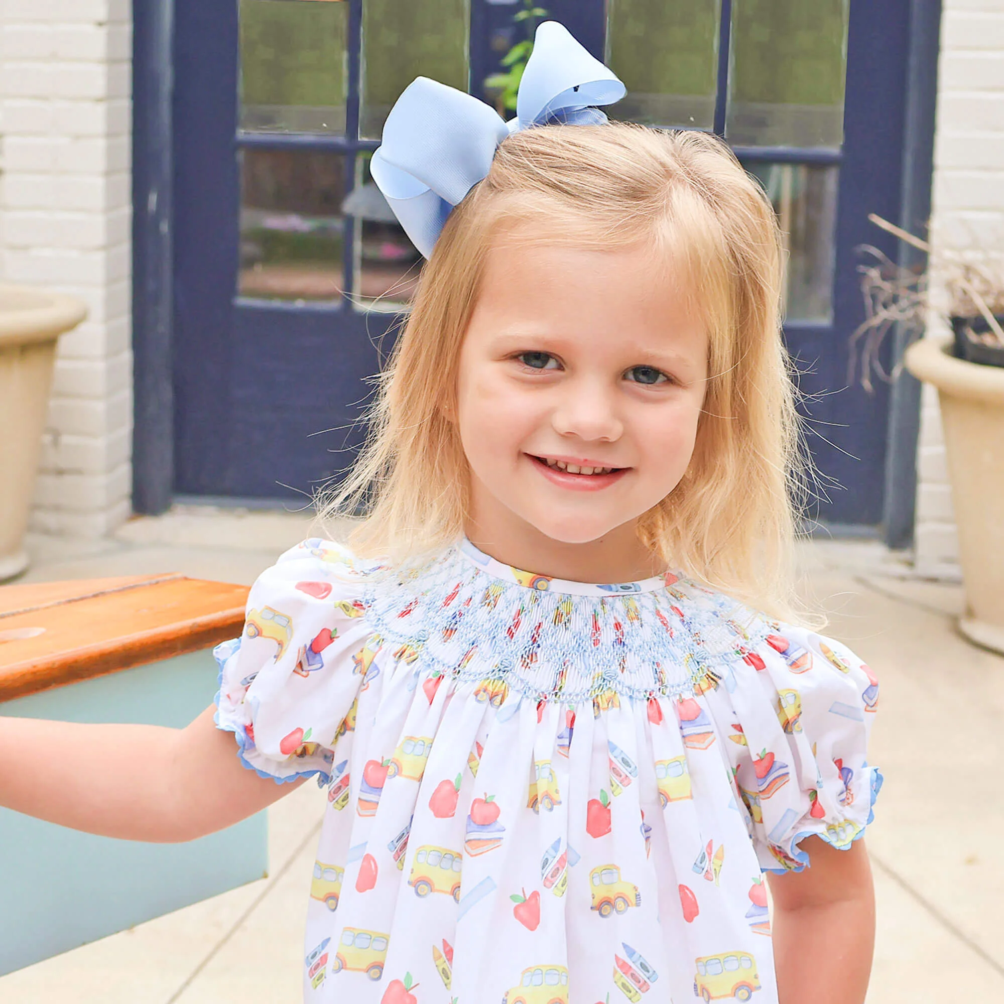 School Bus Print Smocked White Bishop Dress - Image 3