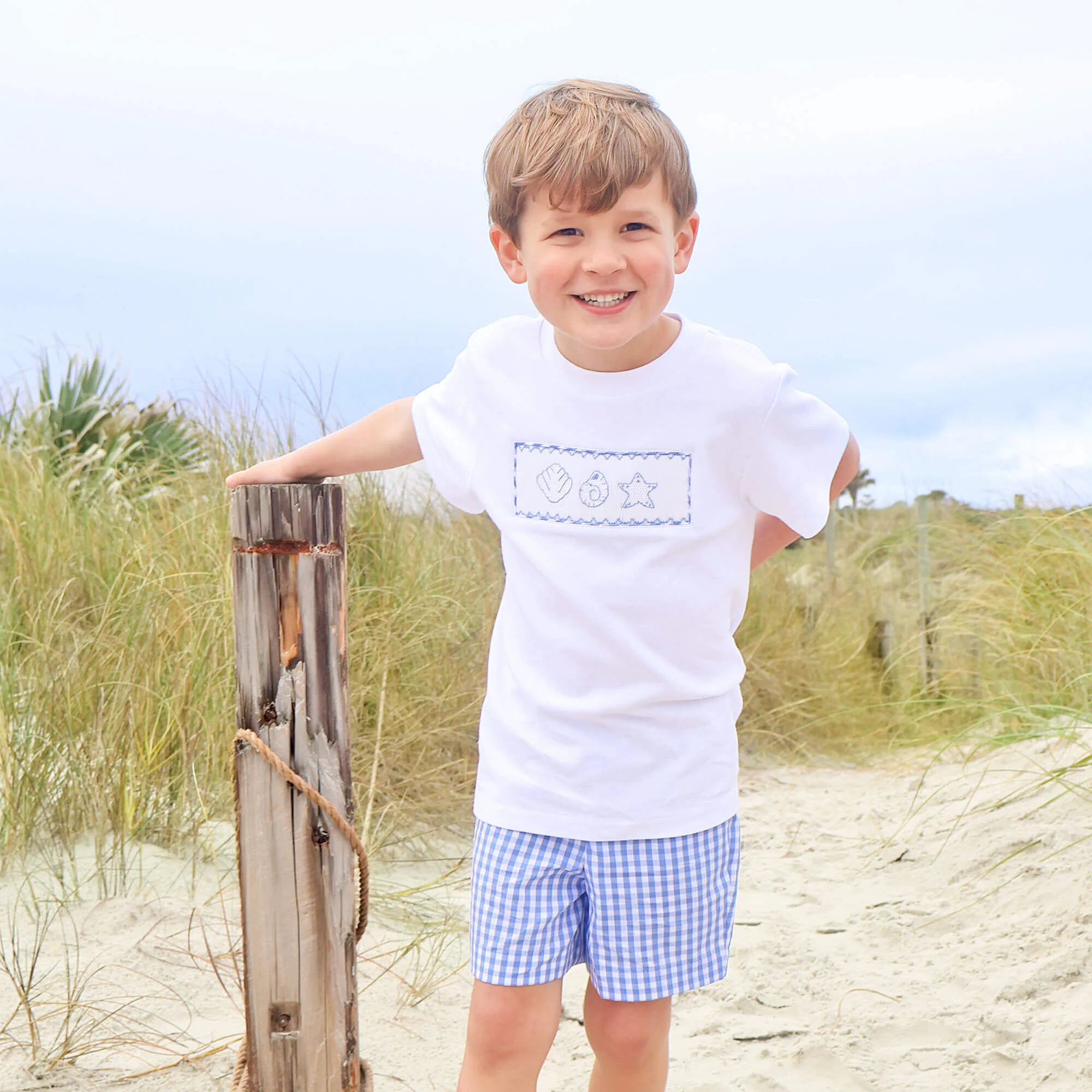 Seashell Smocked Blue Gingham Short Set