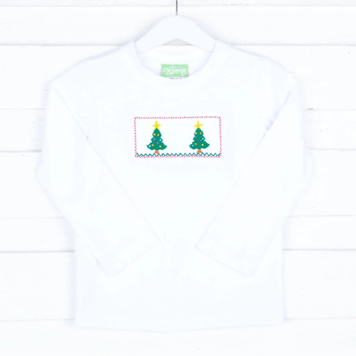 Christmas Tree Smocked White Long Sleeve Shirt