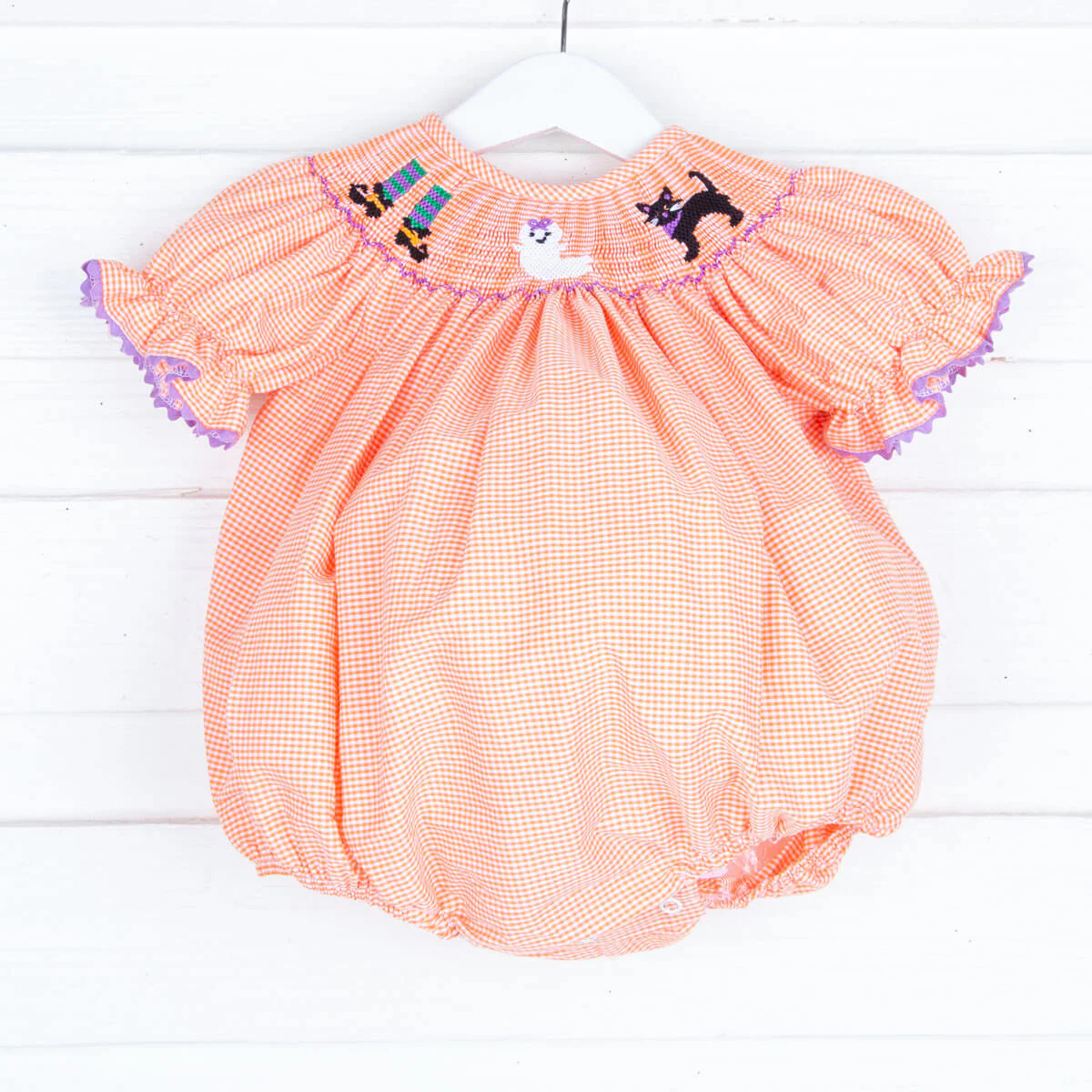 Smocked Halloween Orange Gingham Bubble
