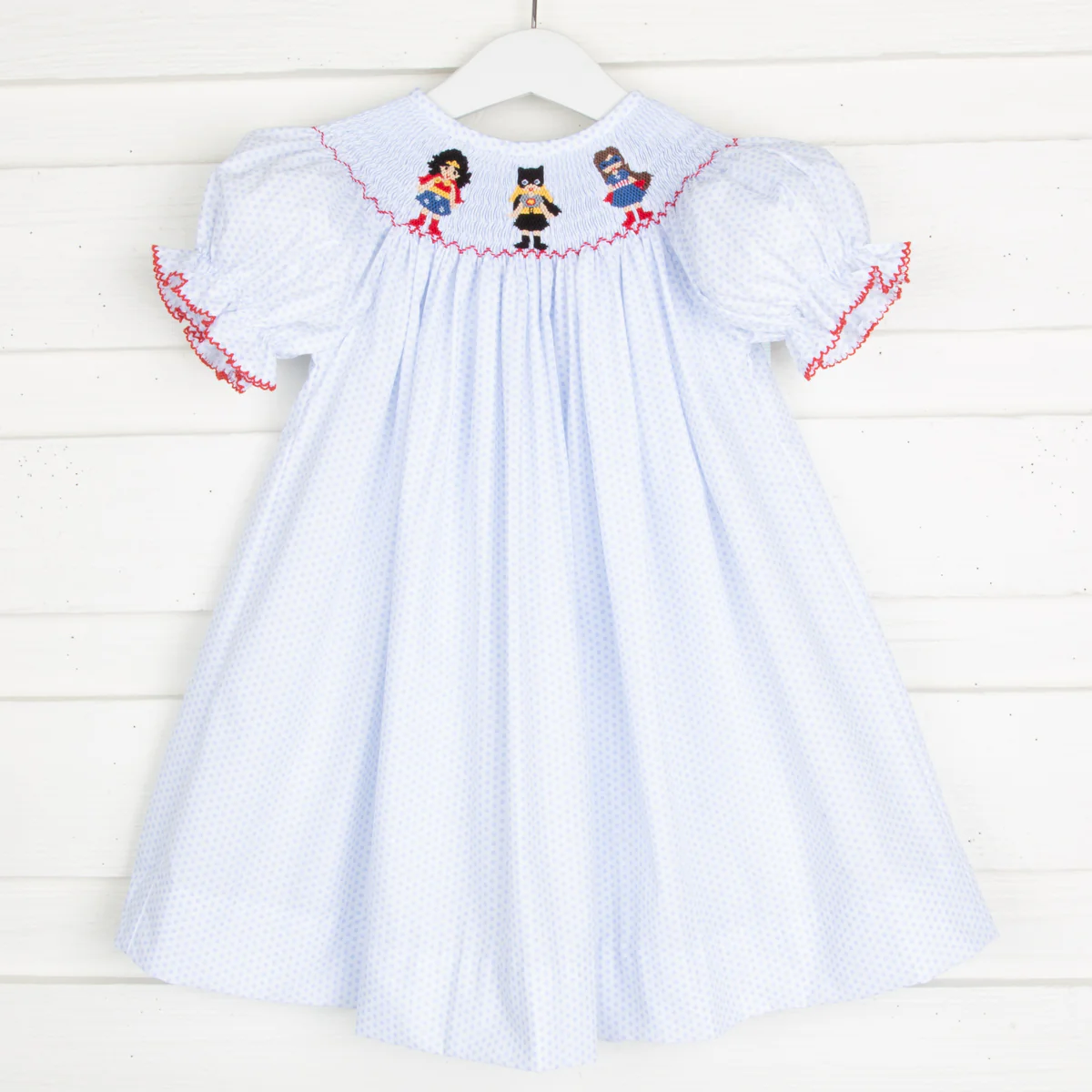 Superhero Smocked Bishop Light Blue Dot