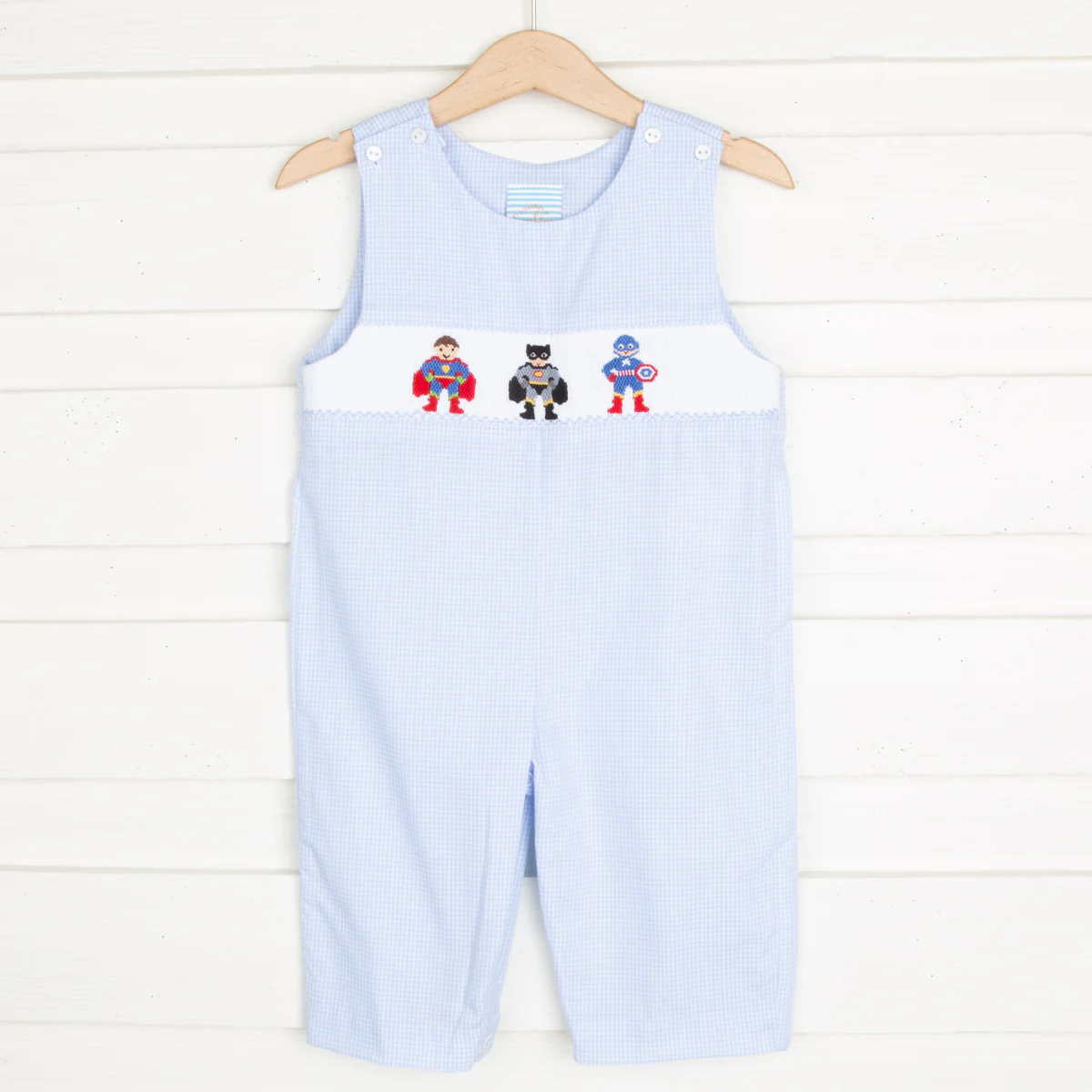 Superhero Smocked Longall Light Blue Gingham