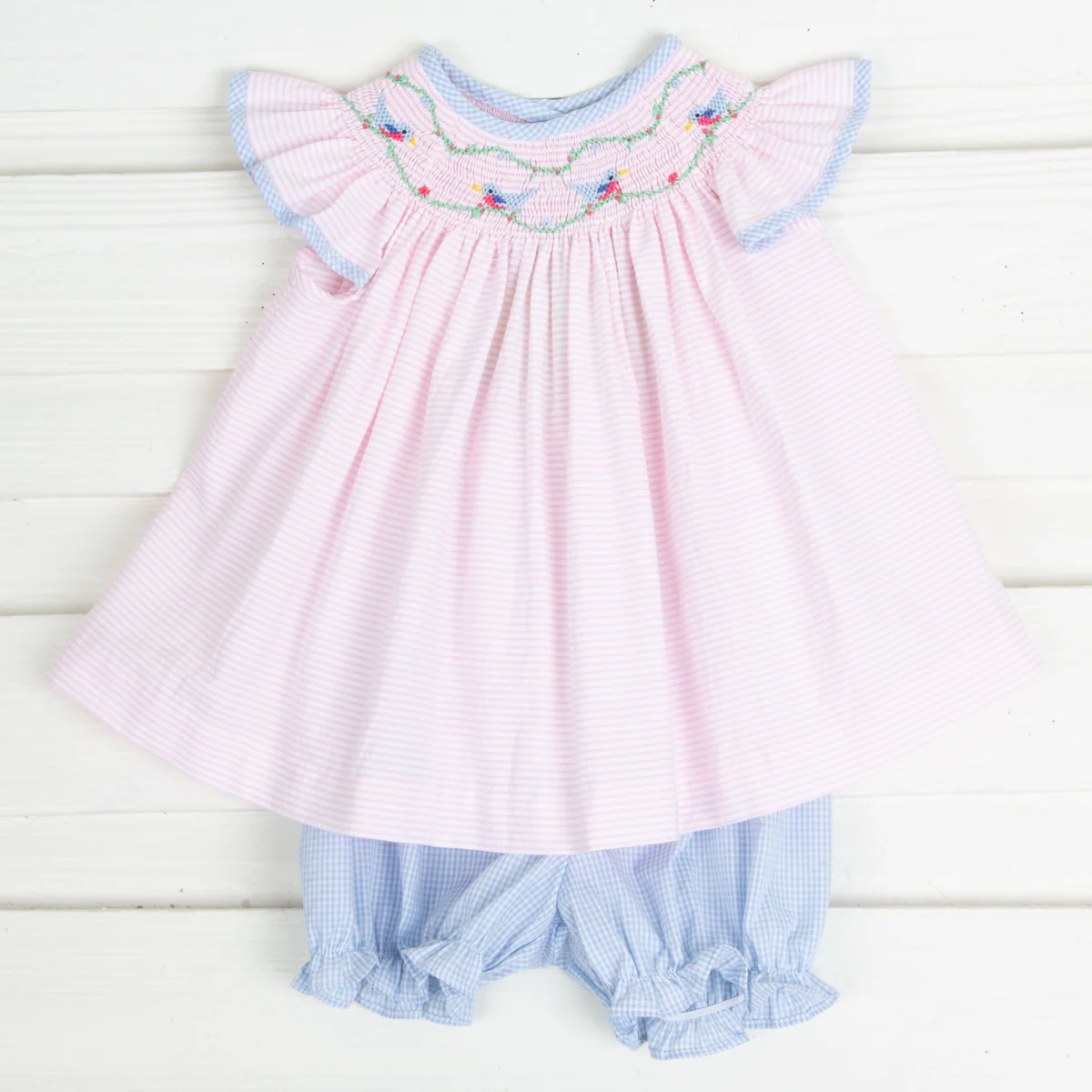 Sweet Bird Smocked Bloomer Set Light Pink Seersucker Stripe