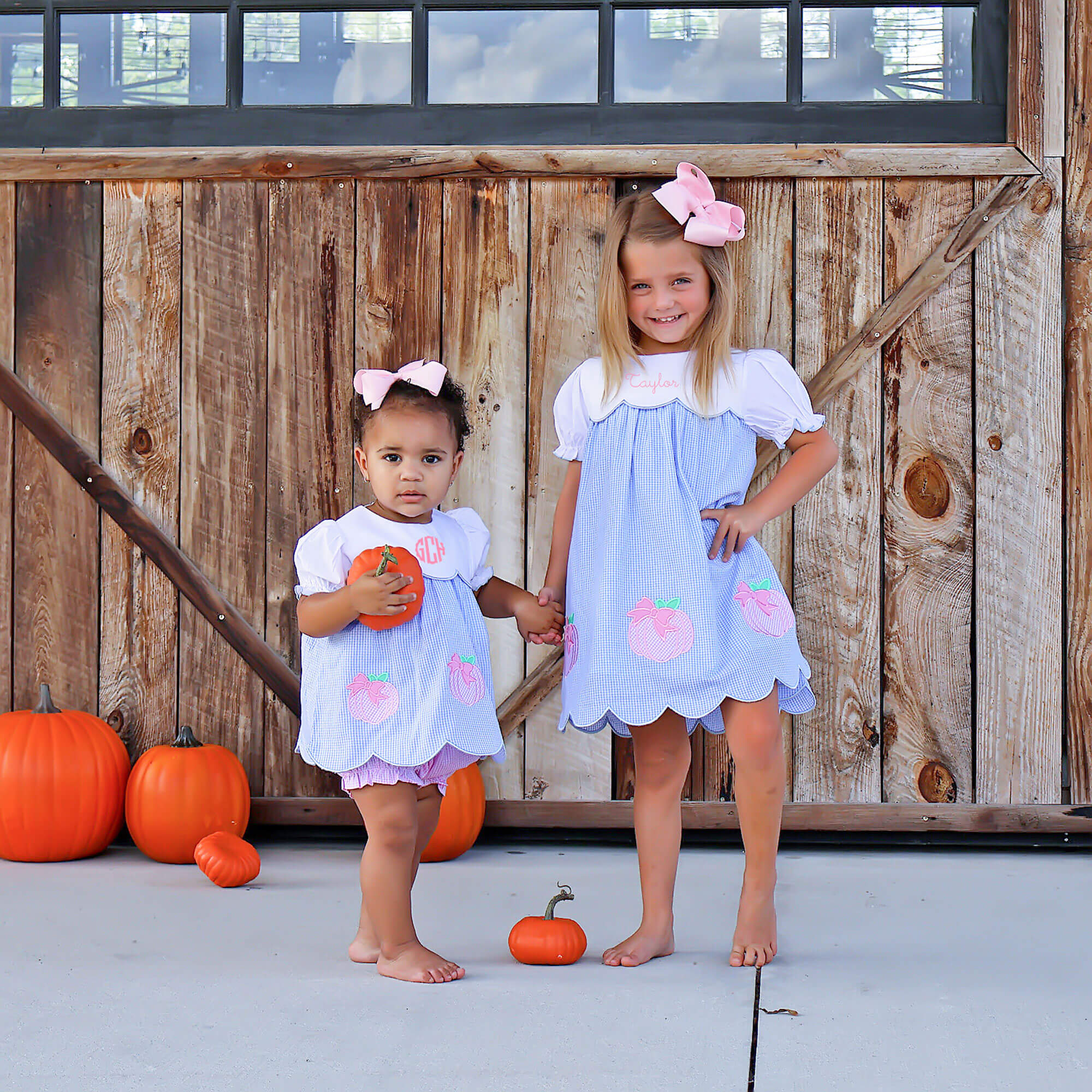Sweet Pumpkin Bow Light Blue Gingham Amelia Bloomer Set - Image 3