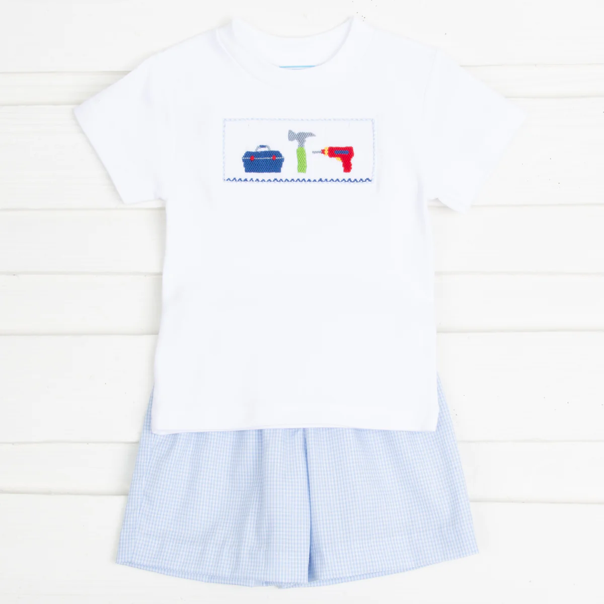Tools Smocked Short Set Light Blue Gingham