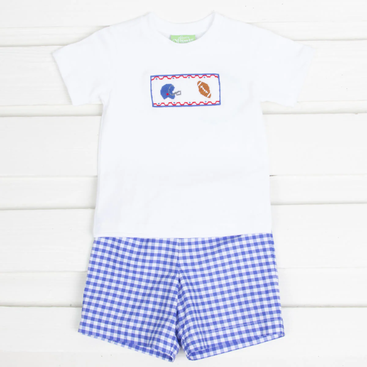 Blue Check Football Smocked Short Set