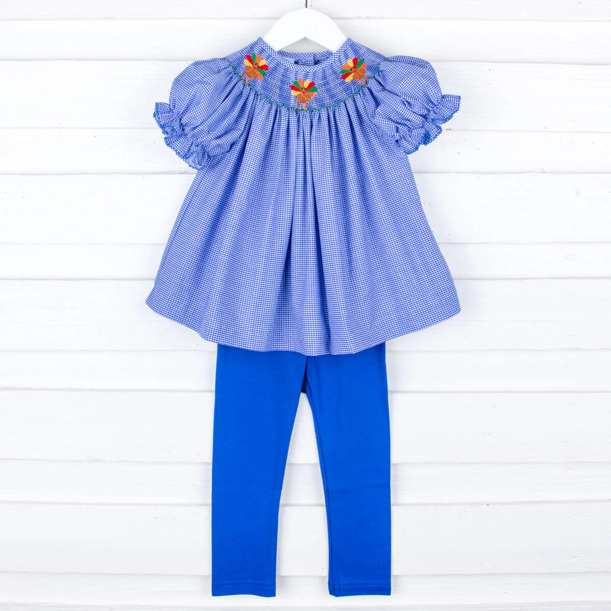 Turkey Smocked Royal Blue Gingham Bishop Legging Set
