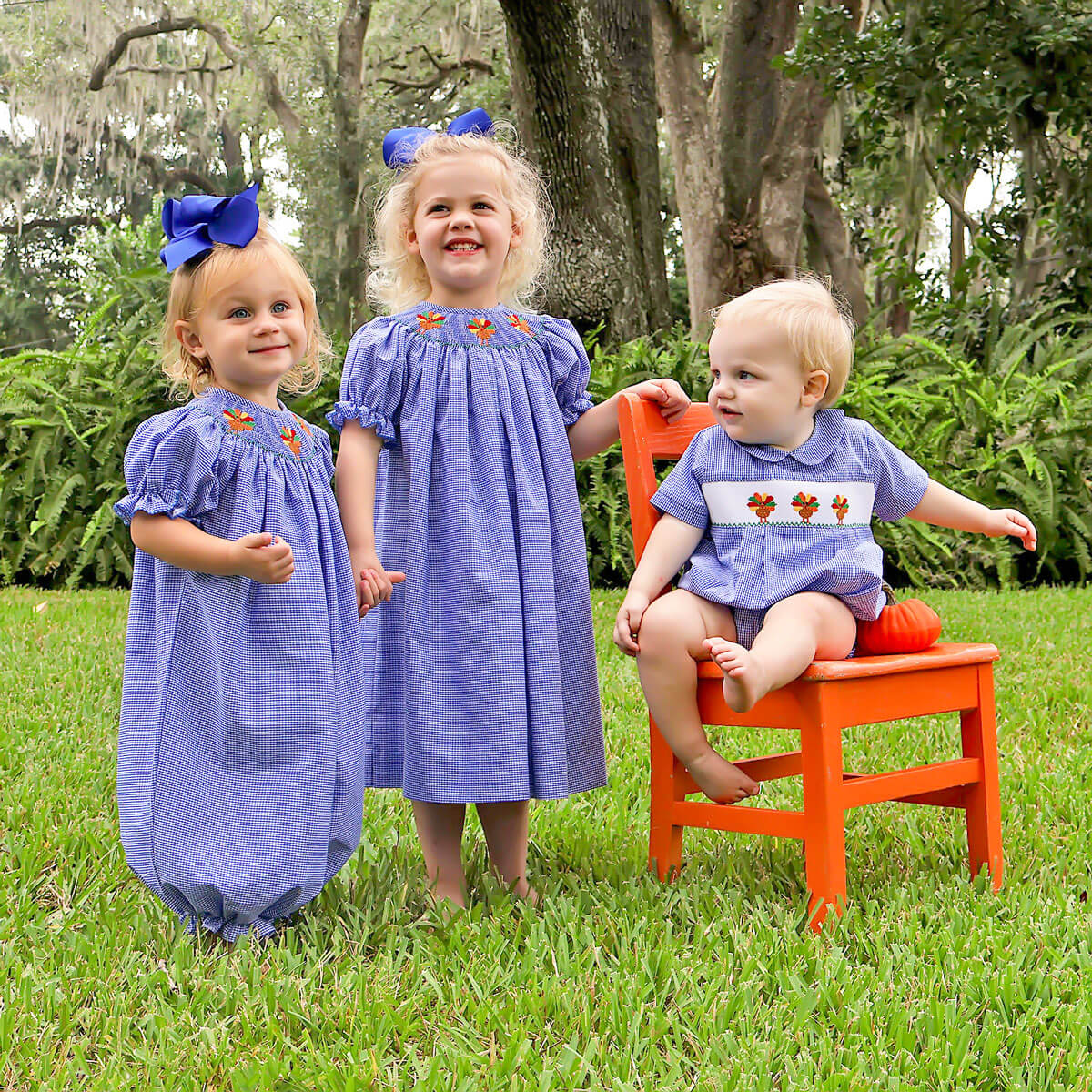 Turkey Smocked Royal Blue Gingham Long Bubble - Image 4