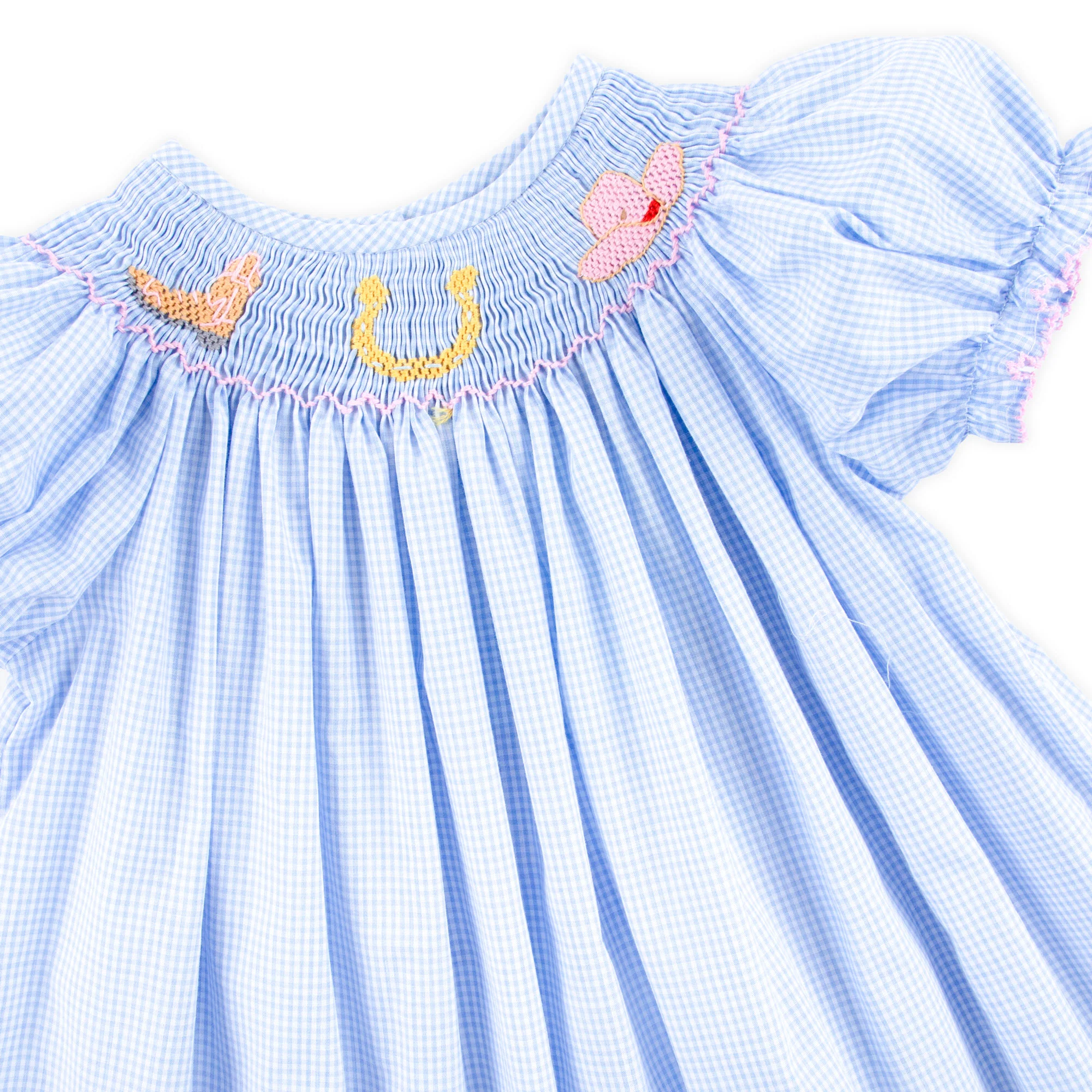 Western Smocked Bishop Light Blue Gingham Dress - Image 2