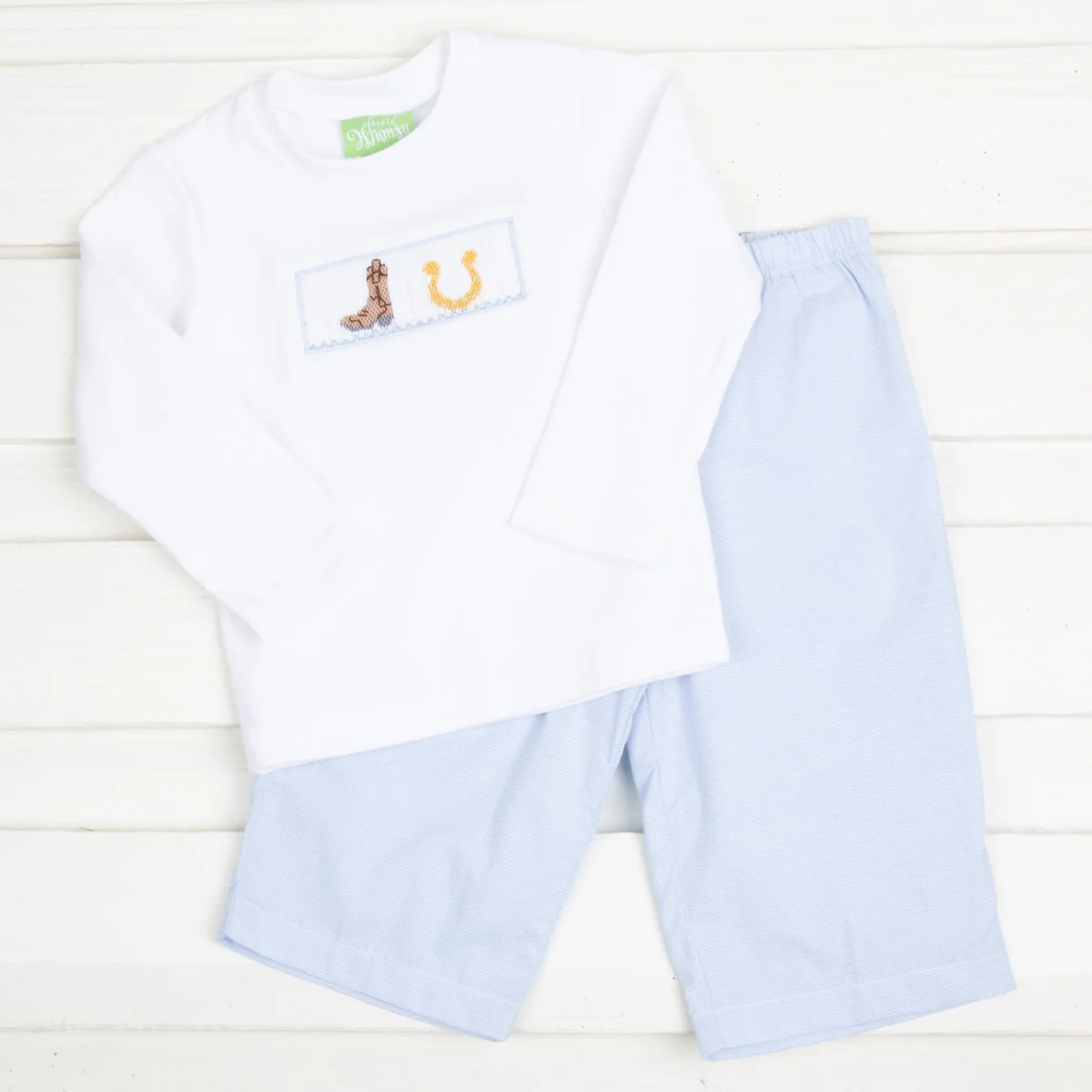Western Smocked Pant Set Light Blue Gingham
